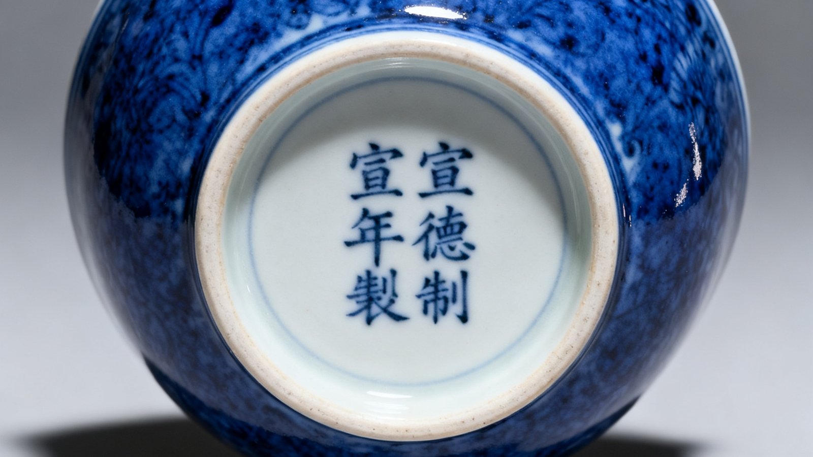 一篇关于明代青花瓷鉴定的文章配图，特写展示一只宣德年间青花瓷碗的青花发色和底部款识细节
