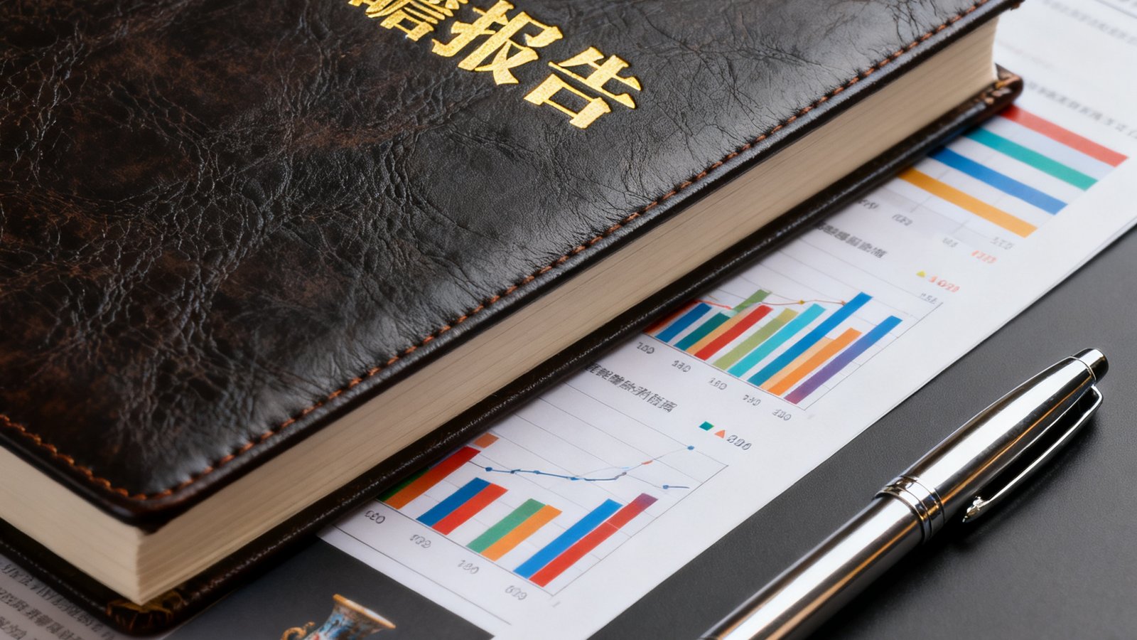 一份精装的拍卖前瞻报告封面特写，深色皮质封面压印金色标题，内页可见彩色数据图表和拍品高清图片，钢笔置于旁边
