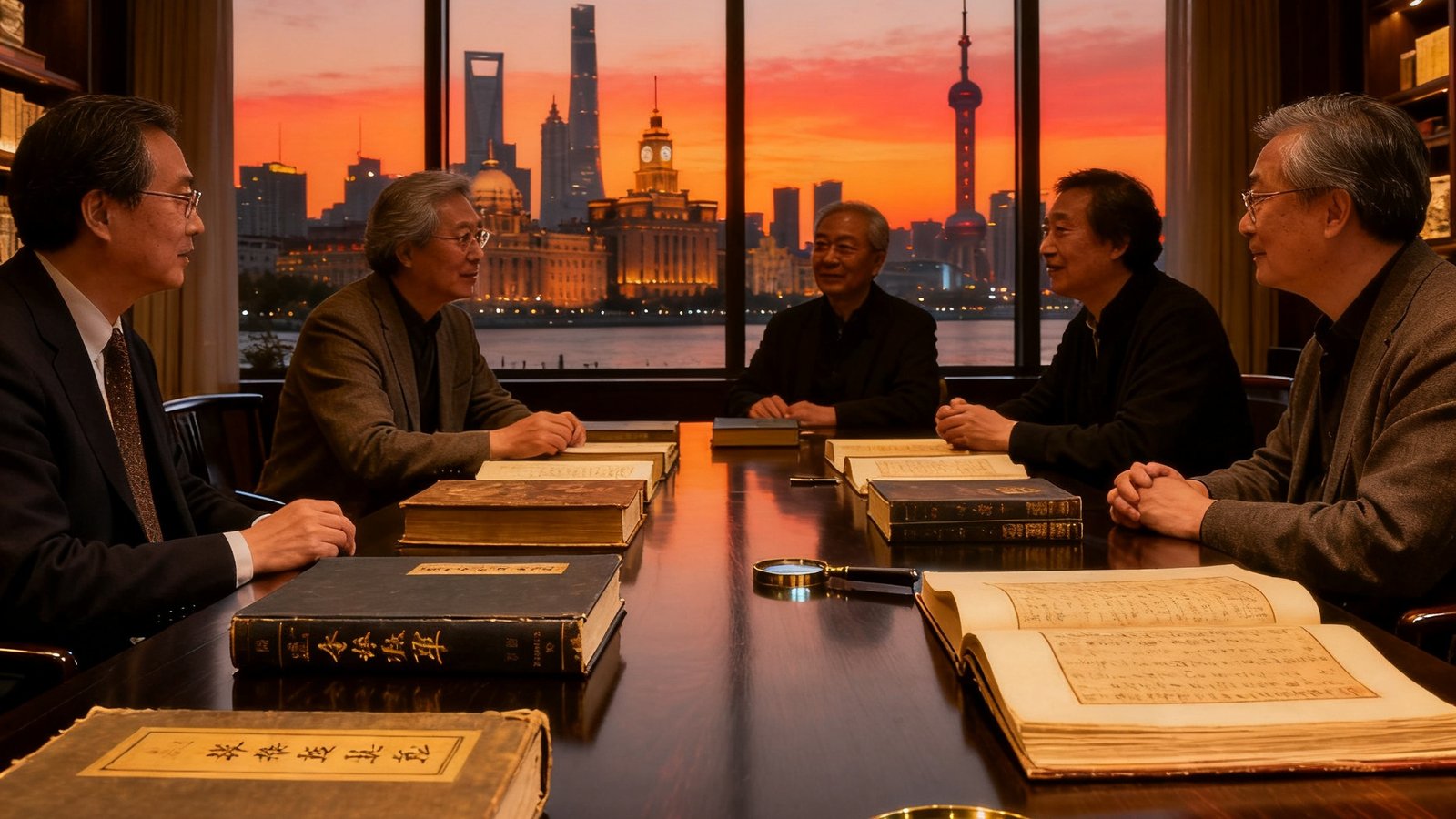私人收藏家沙龙内景，一张深色长桌上陈列着数册古籍善本和专业的放大镜工具，几位中年藏家正围坐交流各自的心得，背景是落地窗外外滩的黄昏天际线