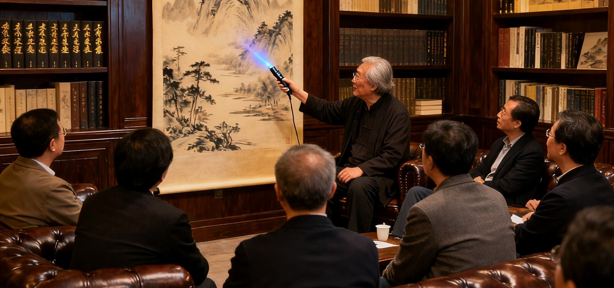 私人收藏家定制沙龙场景，古典书房内十几位嘉宾围坐于皮质沙发，一位资深专家正手持激光笔讲解一幅清代山水画的笔法细节，墙面书架摆满艺术典籍